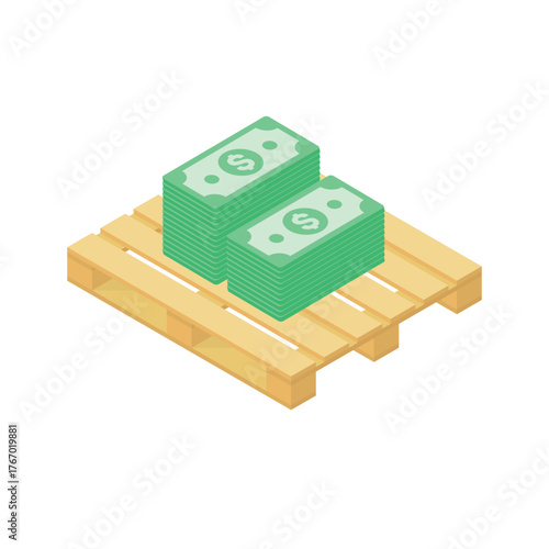Wooden pallet stacked with bundles of banknotes, symbolizing wealth, funding, cash stockpile, or financial commodity in a realistic style.