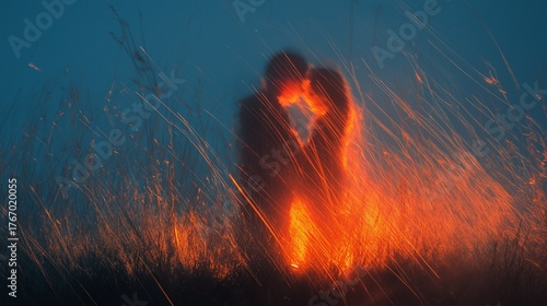 A blurred couple embraces, surrounded by long grass brilliantly illuminated by a warm, fiery light