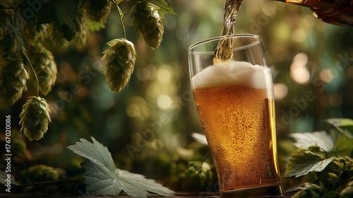 Golden craft beer being poured near fresh hanging hop cones