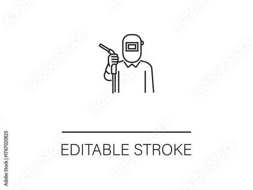 Welder character with mask and torch, editable stroke style for flexible customization in your designs and projects, and manufacturing icon.