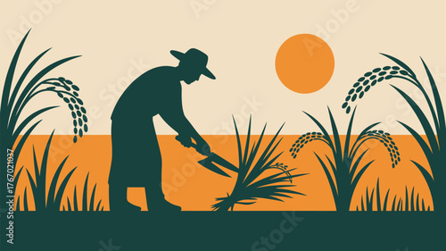 Harvest time silhouette of a farmer cutting rice stalks under the sun, celebrating the bounty of nature and agricultural traditions in a tranquil scene