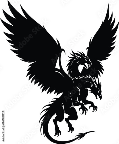 Majestic black silhouette of a ferocious three headed dragon with spreading wings