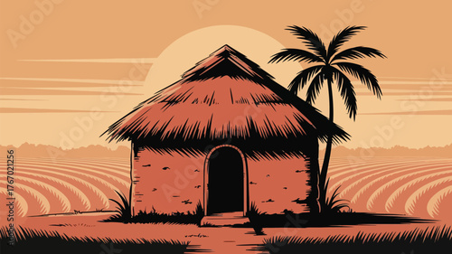 Escape to paradise with this stunning tropical hut illustration, perfect for travel brochures, exotic vacation packages, and serene landscape designs
