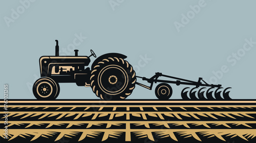 Vintage tractor plowing field illustrates rural agriculture beautifully, perfect for farming industry materials and conveying down-to-earth values