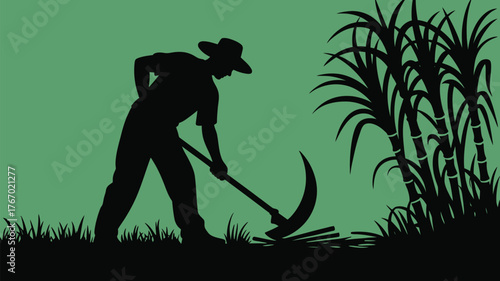 Sugar cane farmer harvests crop with scythe, rural agricultural worker silhouette against green background, showcasing traditional farming methods