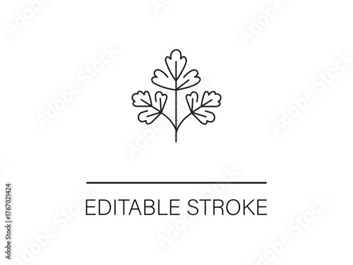 Elegant parsley sprig line art logo for restaurant or culinary brand with editable stroke, fresh organic herb for healthy recipes.