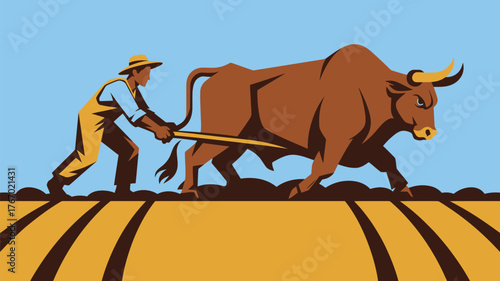 Determined farmer guides powerful bull plowing fertile land, symbolizing strength, tradition, and agricultural effort