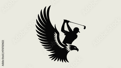 Dynamic golfer swinging club merges with powerful eagle silhouette, symbolizing triumph and athletic prowess in sports.