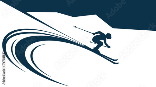 Dynamic skier carving down a snowy mountain slope with energetic motion lines, capturing the thrill of winter sports and adventure.