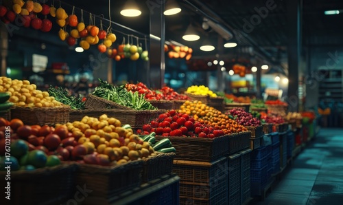 Vibrant indoor market scene with rows of colorful vegetables and fruits neatly arranged in baskets, soft diffused light highlighting the textures, clean and lively food display, wide-angle view,