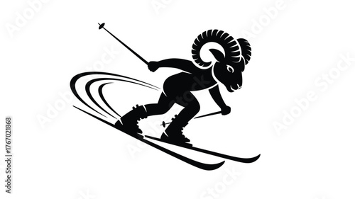 Dynamic ram skier silhouette carving down snowy slopes with speed and agility, perfect for winter sports branding and advertising