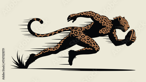 Dynamic leopard athlete sprints with rugby ball capturing speed and power in athletic pursuit