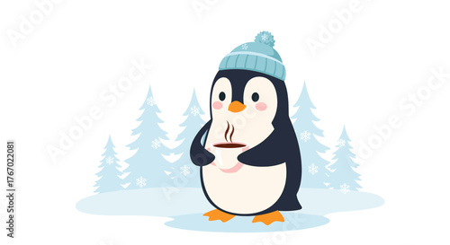 Cute penguin with winter hat holding coffee cup in snowy landscape vector illustration design image