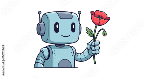 Robot holding flower cartoon illustration ai technology artificial intelligence cute robot flower gift bot