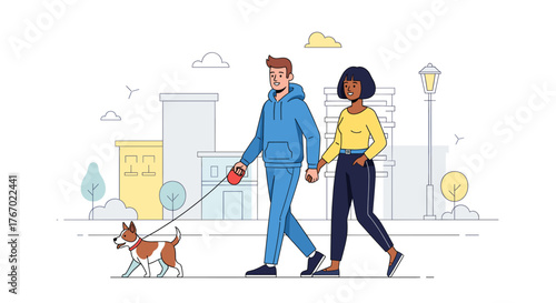Couple walking dog in city street illustration romantic stroll outdoor activity urban lifestyle design vector