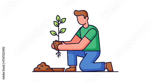 Illustration of man planting tree seedling in garden for environmental conservation and sustainable living