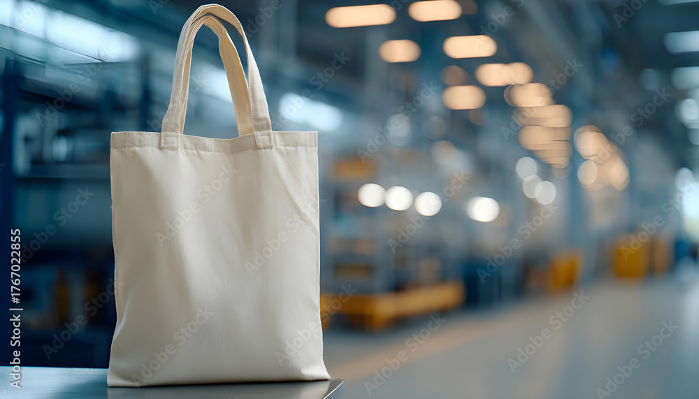 Naklejka premium Medium shot of a reusable cloth bag against a blurred modern delivery area.