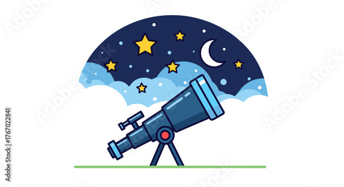 Cartoon telescope observing night sky with moon and stars for astronomy and science education use