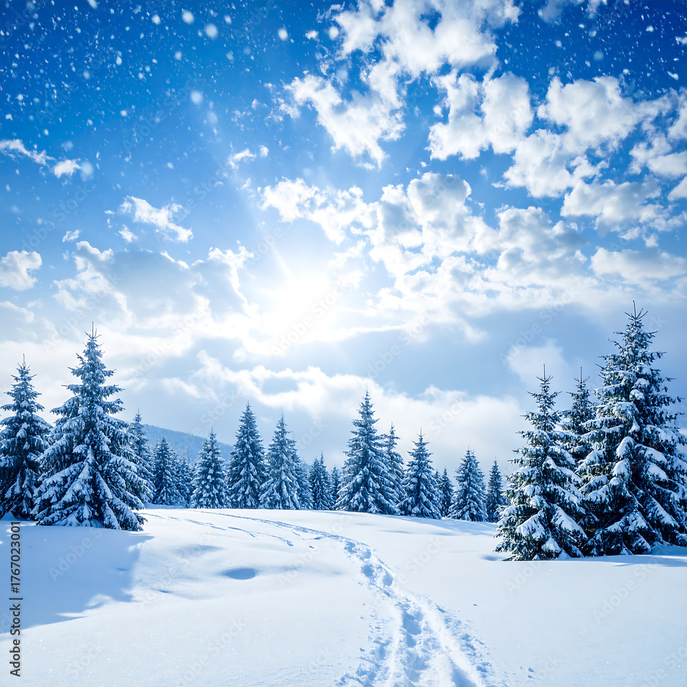 Naklejka premium Snow covered fir trees on a winter landscape under a bright blue sky