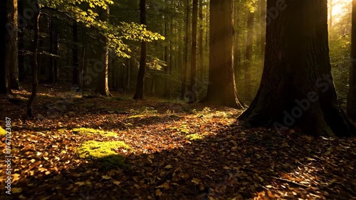 Sunlight filters through a dense forest canopy, creating shifting patterns of light and shadow on the forest floor natural, trees, scenic