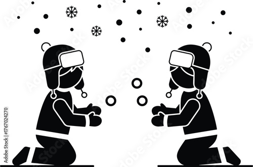 children, snow, winter, play, snowball, fight, outdoor, activity, fun, cartoon, illustration, vector, design, creative, lifestyle, silhouette, childhood, recreation, movement, season, concept