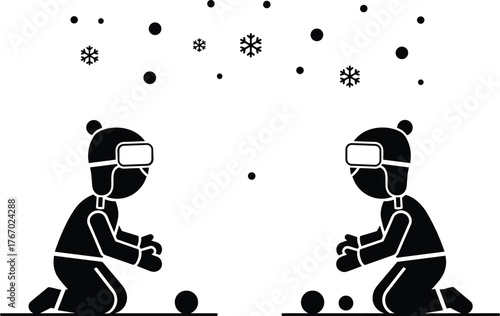 children, snow, winter, play, snowball, fight, activity, outdoor, fun, cartoon, illustration, vector, design, creative, lifestyle, silhouette, childhood, recreation, movement, concept, season