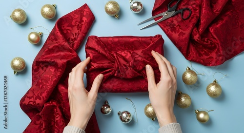 Person wrapping a christmas present with red fabric surrounded by ornaments and scissors on blue