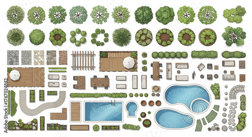 2D Plan Landscape Design Collection; Vector Garden Elements, Outdoor Textures, Plant Symbols for Architecture Drawings, Illustrator, Photoshop, Revit, SketchUp, or GIS map layouts, CAD/AutoCAD plans