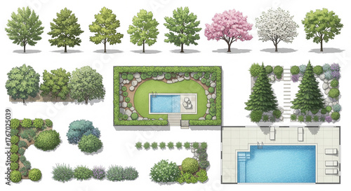 Top View Landscape Architecture Elements Set; Trees, Paving, Pools, Furniture, Garden Design Symbols for architects, landscape designers, CAD/AutoCAD plan creators, outdoor concept visuals