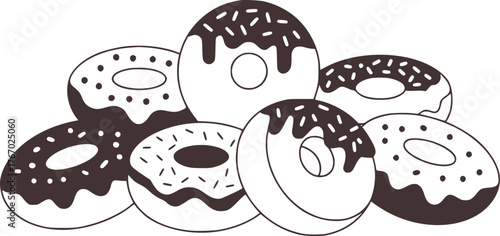 Black and white illustration of assorted doughnuts donuts sweet