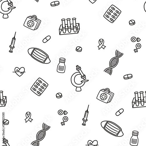 Medical seamless pattern with doodle elements. Black linear objects on a white background. Tablets, microscope, test tubes, mask, syringe, suitcase, dna molecule. Vector print design on fabric.