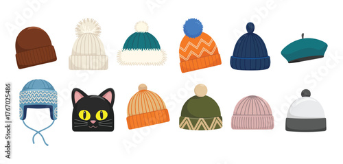 Winter hats vector set with wool caps, knitted beanies, and earflap hats for men, women, and children, isolated flat illustrations, warm clothing, fashion accessories, and cold weather apparel.
