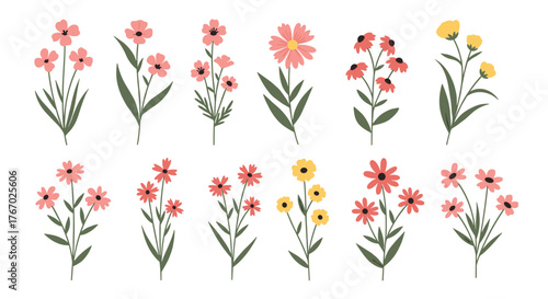 Charming collection of simple flat design floral illustrations featuring various pink, red, and yellow flowers with green stems, isolated on white.
