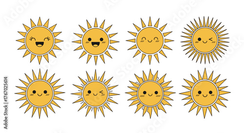A collection of cute cartoon sun characters with diverse happy and joyful facial expressions, perfect for summer and positive themes.