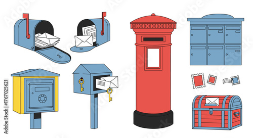 A collection of diverse mailboxes, a traditional red post box, and postage stamps, representing global postal services and mail delivery.