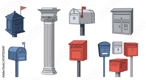 A collection of stylized mailboxes in various designs and colors, including a traditional architectural column, on a white background.