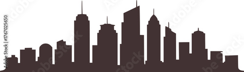 Dark silhouette diverse city skyscrapers against white urban backdrop buildings