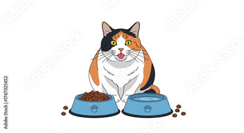 A cheerful, plump calico cat sits contentedly between its food and water bowls, ready to eat.