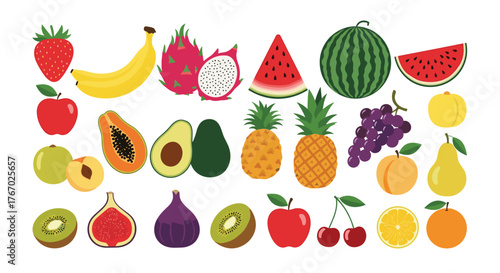 A vibrant collection of various fresh and colorful fruits arranged on a white background, perfect for healthy eating and natural food concepts.
