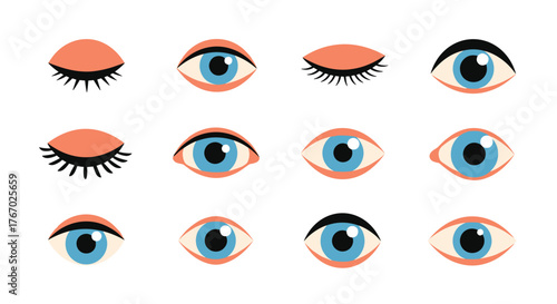 A collection of colorful stylized cartoon eyes illustrating different expressions and states, from blinking to fully open with blue irises.