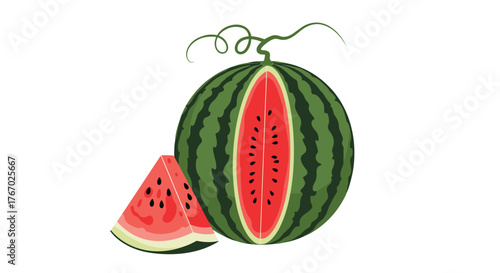 Fresh, ripe watermelon illustration showing a whole fruit sliced open with juicy red flesh and seeds, accompanied by a triangular wedge.
