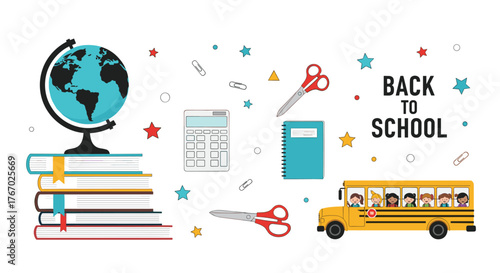 A playful illustration of back to school essentials, including a globe, books, calculator, scissors, and a bus full of diverse students.