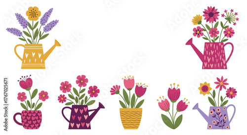 A collection of colorful flat-style illustrations featuring various flowers in charming watering cans, mugs, and pots, evoking a joyful spring and gardening theme.