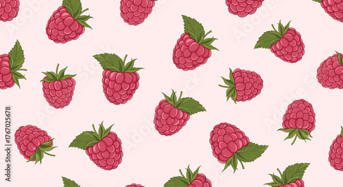 Seamless pattern featuring a delightful array of ripe red raspberries and their green leaves, evenly spaced on a gentle pink backdrop.