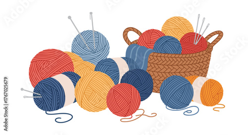 A vibrant assortment of colorful yarn balls and knitting needles, with some neatly arranged in a wicker basket and others scattered around.