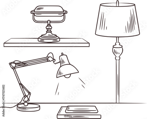 Desk lamp floor lamp and books line art shelf