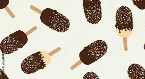 Delicious seamless pattern of chocolate-dipped ice cream popsicles adorned with colorful sprinkles on a creamy background, perfect for sweet summer themes.