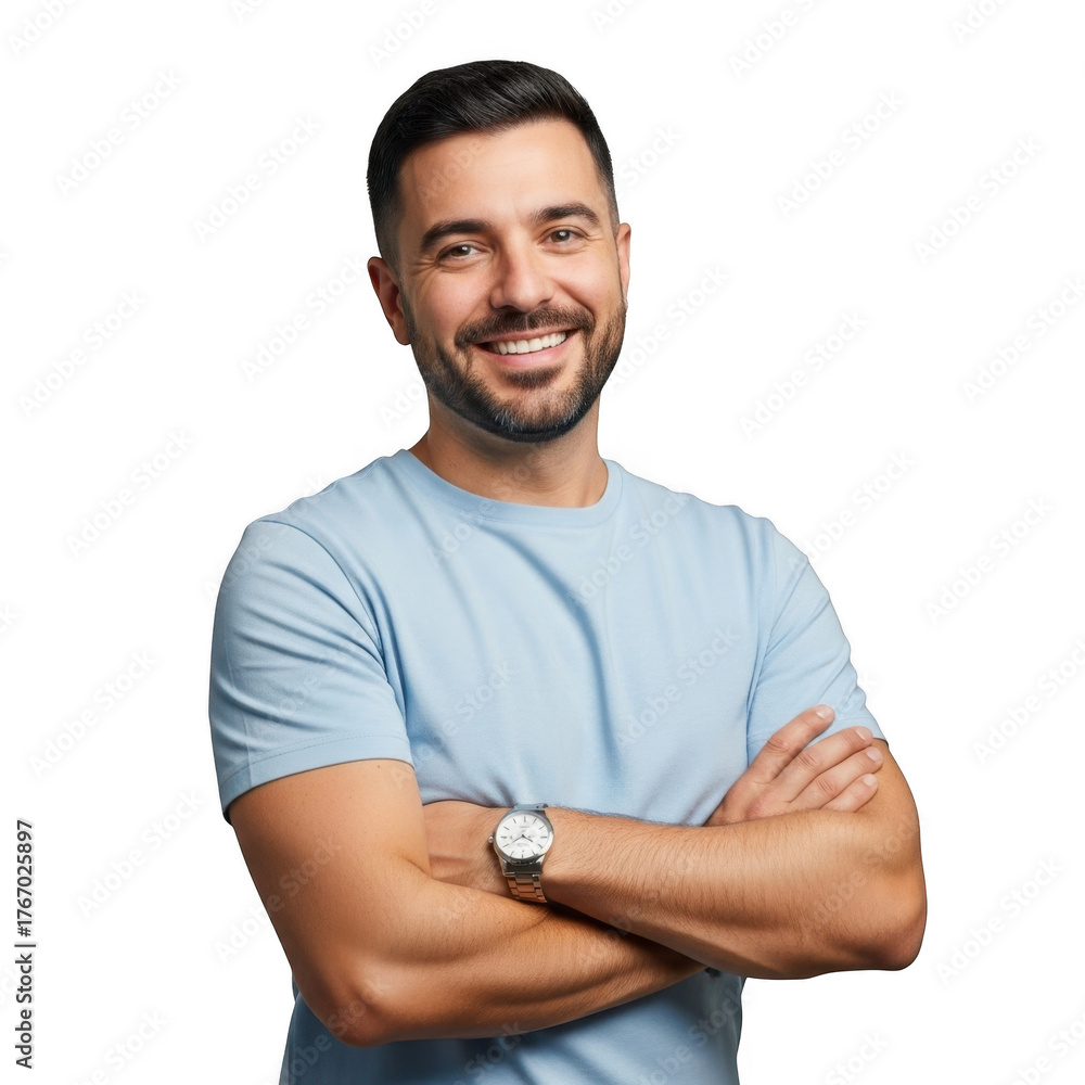 Obraz premium A confident and happy young man with a beard and a watch smiles with his arms crossed isolated on transparent background