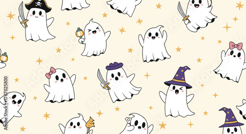 Sweet and spooky seamless pattern featuring adorable cartoon ghosts in Halloween costumes, floating among golden stars.