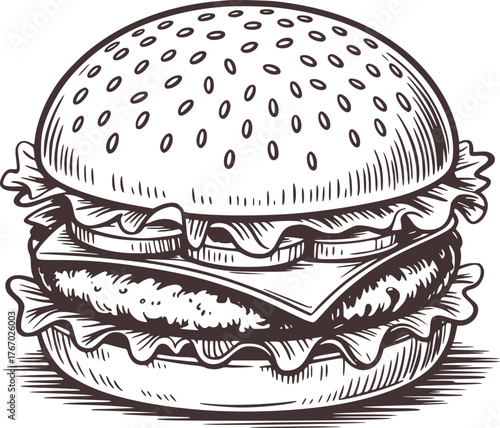 Detailed ink sketch of a layered hamburger black and white food
